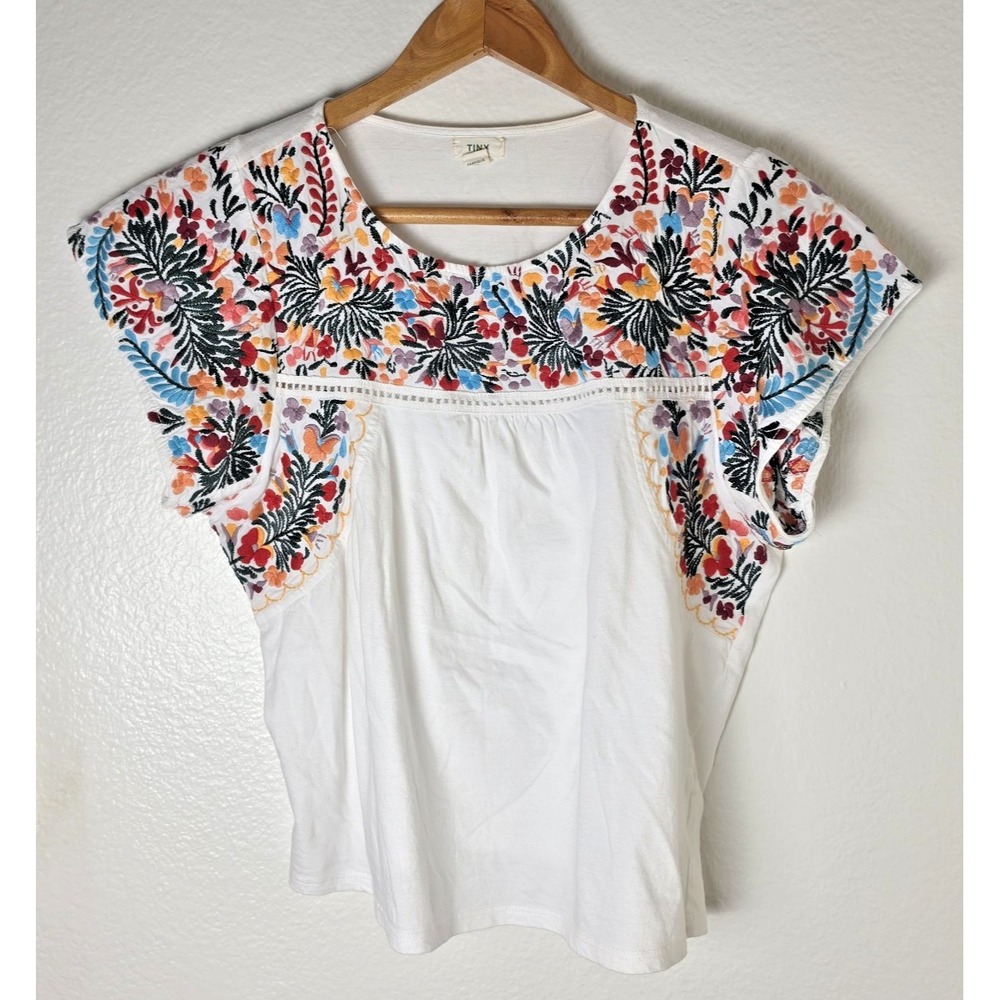 Tiny By Anthropologie Womens Blouse Top Sz S 100% Cotton, Floral Embroidery